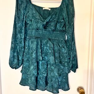 Altar'd State Teal Floral Jacquard Long-Sleeve Tiered Dress